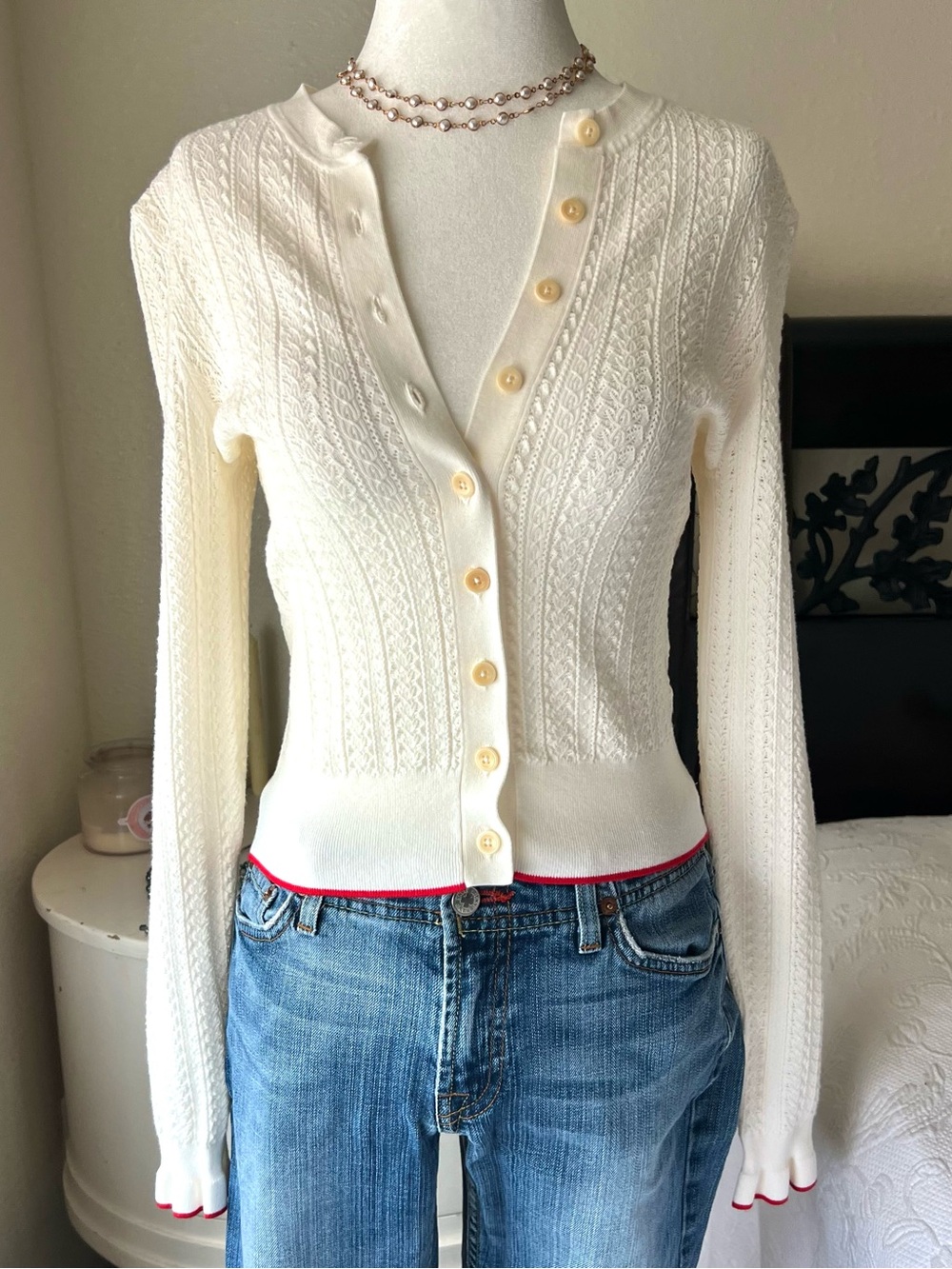 Madewell Ivory The Signature Open-Knit Cardigan Sweater Red Trim Women's Medium